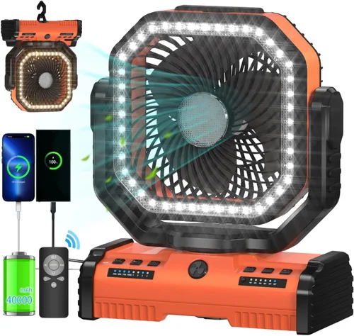 ADUST Ventilador de campamento de 12 pulgadas, funciona con pilas, con linterna LED, ventilador oscilante portátil recargable de 44000 mAh con