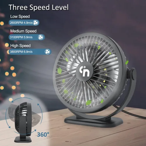 Miniatura 2 de WiHoo Ventiladores de escritorio USB pequeños y silenciosos, mini ventilador de enfriamiento de escritorio de 3 velocidades con luces LED nocturnas