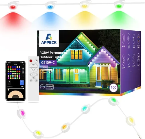 Miniatura 11 de APPECK Luces de exterior permanentes de 100 pies con 72 LEDs, modos de escena DIY, luces de cadena RGBW inteligentes impermeables, control por Negro