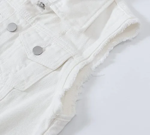 Miniatura 3 de CHARTOU Chaleco de mezclilla deshilachado sin mangas con botones y cuello de solapa para mujer