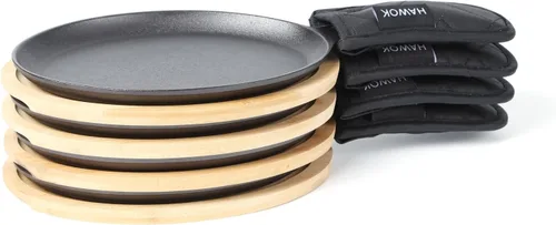 HAWOK Plato de fajita de hierro fundido, 16.5 pulgadas de largo x 7.09 pulgadas de ancho, con bandeja de bambú y soporte para mango, pre-sazonado,
