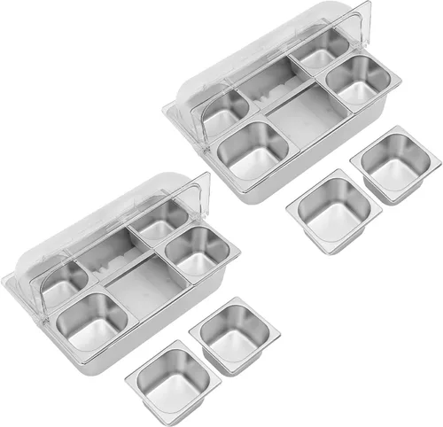 Miniatura 5 de Recipiente de exhibición de alimentos para encimera, 6 sartenes, bandeja de acero inoxidable para servir alimentos helados con cubierta superior