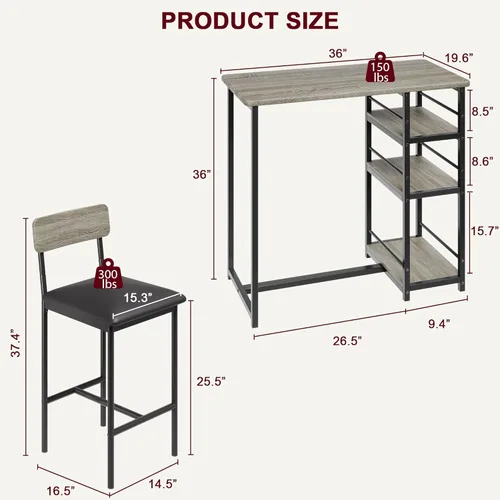 Miniatura 2 de GAOMON Juego de mesa de bar de 3 piezas con 2 taburetes tapizados, juego de comedor de altura de mostrador que ahorra espacio con estantes