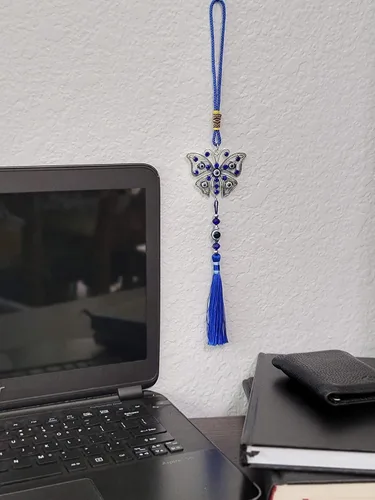Miniatura 6 de LUCKBOOSTIUM Dijes de mariposa con diseño de ojo turco central en piedra de cristal azul con borlas para buena suerte, protección y bienestar