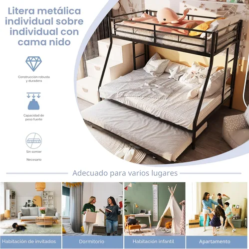 Miniatura 5 de SUNLEI Literas de Metal con Escaleras Doblemente Aseguradas, Litera Individual sobre Completa con Barandillas de Seguridad Circundantes, Camas
