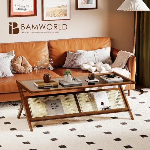 Miniatura 7 de Bamworld - Mesa de centro moderna de mediados de siglo con tapa de vidrio, mesa central de ratán con almacenamiento para sala de estar, color marrón