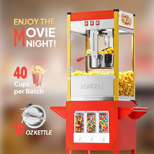 Miniatura 2 de Máquina de palomitas de maíz ROVSUN con carrito, ruedas y hervidor de 10 onzas que hace hasta 4 galones, máquina de palomitas con dispensadores