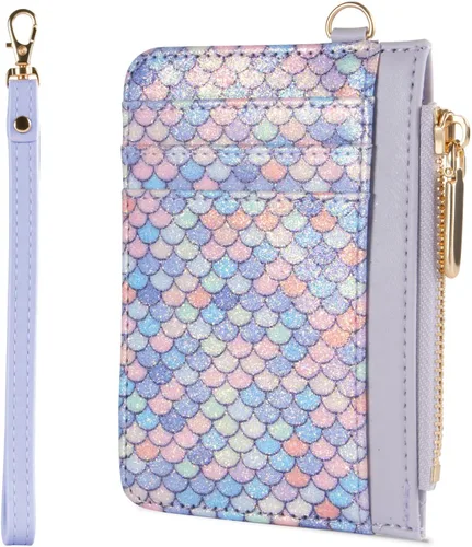 Miniatura 8 de Cartera pequeña de cuero con protección RFID de sirena para tarjetas de crédito, cartera delgada con correa para la muñeca con bolsillo