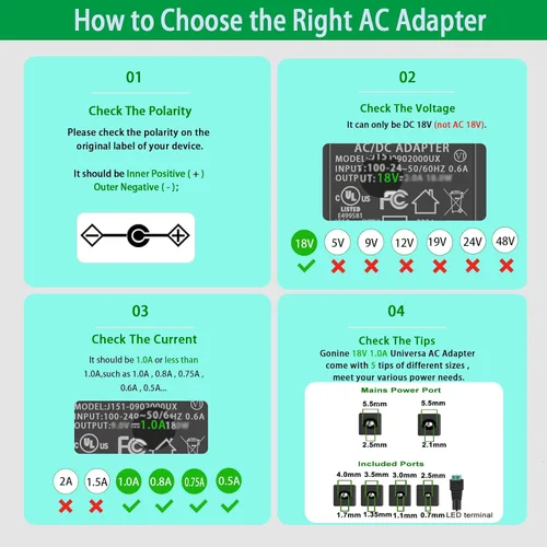 Miniatura 2 de Cable de fuente de alimentación de 18V 1A con certificación UL, 100V-240V AC a DC 18Vdc Adaptador de corriente para 1.0a 1000ma 0.75a 750ma 0.6a