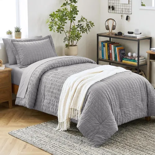 Miniatura 46 de CozyLux Juego de ropa de cama con edredón tamaño King Beige Seersucker de 7 piezas, juego de cama en una bolsa, con edredón, sábanas, fundas