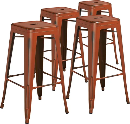 Miniatura 54 de Flash Furniture Lily - Juego de 4 taburetes de bar de metal rojo sin respaldo de 30 pulgadas de alto grado comercial para interiores y exteriores