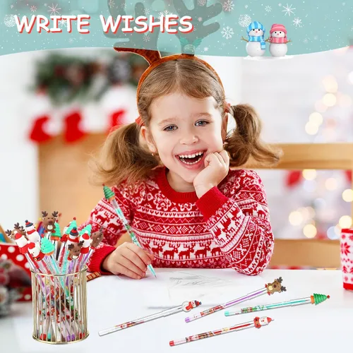 Miniatura 3 de Zonon 96 Lápices de Navidad a Granel, Lápices de Empuje Apilables Multipunto con Adornos Superiores, Bolígrafos de Papá Noel, Muñeco de Nieve y Reno