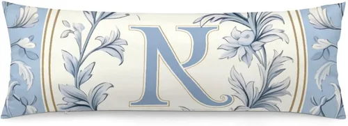 Miniatura 8 de Funda de almohada con monograma rústico de color azul suave con inicial N Body de 20 x 54 pulgadas, funda de almohada floral personalizada