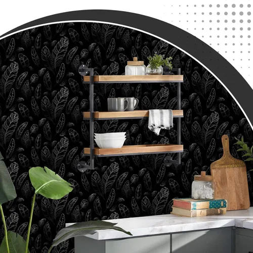 Miniatura 6 de Papel tapiz negro para despegar y pegar de 17.7 x 80 pulgadas, papel tapiz de plumas extraíble, moderno, papel de pared de vinilo impermeable, papel
