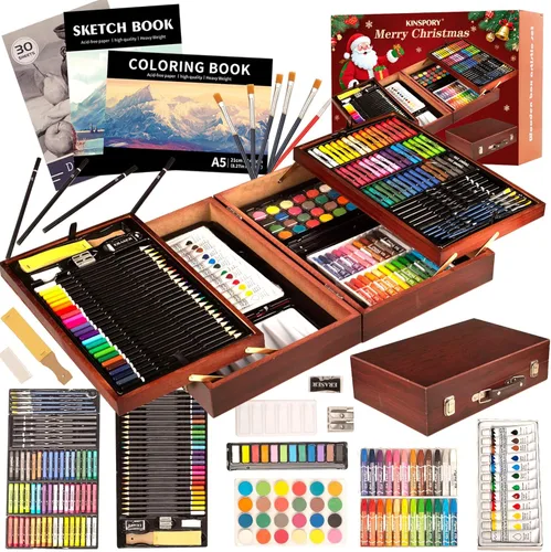 Miniatura 9 de KINSPORY Juego de 168 piezas de suministros de arte, set de arte de madera de lujo, kit de dibujo, pintura y colorear, 3 paquetes de blocs de Beige