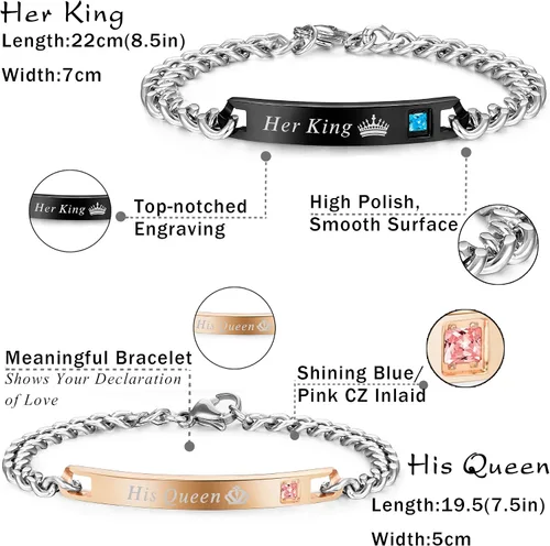 Miniatura 4 de FIBO STEEL Juego de 4 pulseras para parejas para hombres y mujeres, para él y ella, con corona, reina, pulseras de cuentas de 0.315 in, Acero