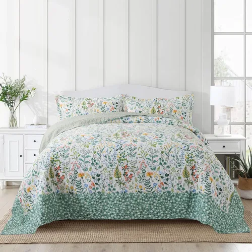 Miniatura 31 de NEWLAKE - Juego de cubrecama reversible de microfibra bordada con patrón floral en relieve en jacquard beige, tamaño queen