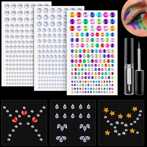 Juego de 6 hojas de calcomanías para la cara, 2 unidades, diamantes de imitación autoadhesivos con forma de arco iris, con pegamento de maquillaje