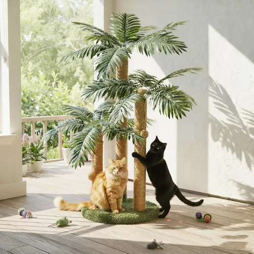Miniatura 6 de LEMONDA Poste rascador para gatos de 31.5 pulgadas, árbol rascador para gatos con 3 postes rascadores y 2 bolas interactivas colgantes, postes