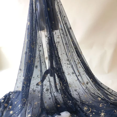 Miniatura 3 de The Yard - Tela de encaje de estrellas doradas bordadas con estrellas y luna, azul marino, para disfraz celestial, decoración del hogar, 5 yardas