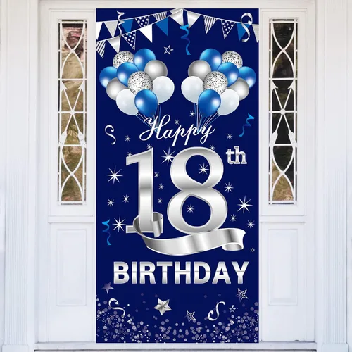 Miniatura 7 de Turypaty Cartel azul plateado para puerta de cumpleaños número 16, decoración para puerta de cumpleaños de 16 años, suministros de fiesta