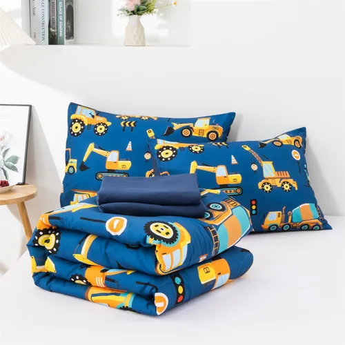 Miniatura 7 de NTBED Juego de edredón individual de 5 piezas con diseño de camión de construcción para niños varones, cama en una bolsa, vehículos excavadora, Azul