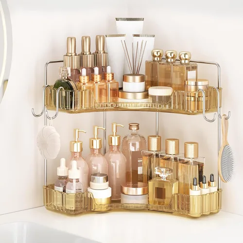 Miniatura 11 de Organizador de esquina para encimera de baño, organizador de baño de 2 niveles y encimera de almacenamiento con ganchos, cuidado de la piel