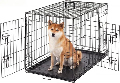 Miniatura 13 de Jaula para perros – Jaula portátil mediana de 36 pulgadas de doble puerta, jaula de alambre de metal para mascotas con bloqueo seguro, bandeja a