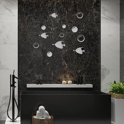 Miniatura 4 de SUPERFINDINGS 58 calcomanías de pared de burbujas plateadas de 8 tamaños con 1 hoja de calcomanías de pared de peces autoadhesivas, efecto espejo
