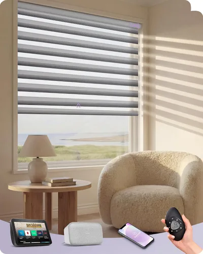 Miniatura 32 de Graywind Persianas motorizadas de cebra para ventanas, persianas inteligentes 100 % opacas con control remoto, persianas de cebra personalizadas