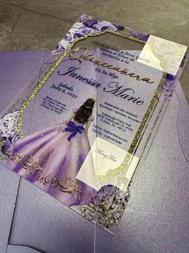Miniatura 3 de Avior Invitación de quinceañera lila vestido de cristal acrílico, rosa Mis membrillo, dulce 15, dulce 16, diseño floral, diseño español membrillo