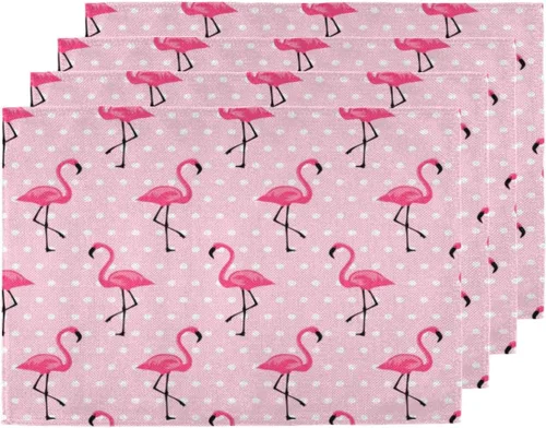 Juego de 4 manteles individuales con diseño de flamencos y lunares, lavables, impermeables, para decoración de mesa de comedor, 18 x 12 pulgadas