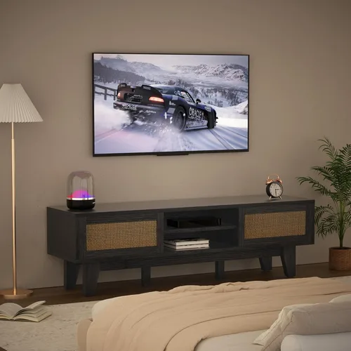 Miniatura 3 de Xilingol Soporte de TV de ratán para TV de hasta 65 pulgadas, centro de entretenimiento bohemio con dos armarios y puertas correderas, consola de TV
