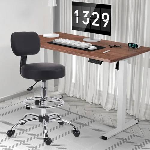 Miniatura 2 de KLASIKA Silla de dibujo con respaldo, reposapiés ajustable altura con ruedas, taburete giratorio de cuero para taller, sillas de oficina, cojín
