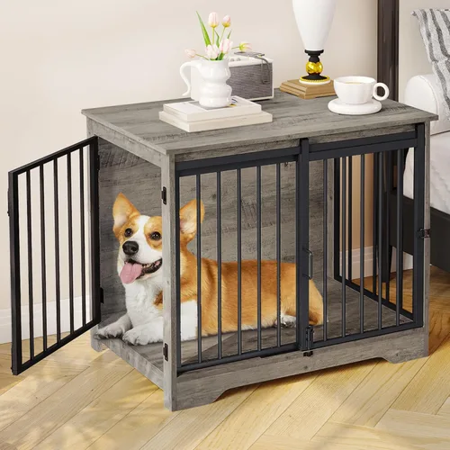 Miniatura 20 de Hzuaneri Mueble de jaula para perros de 31.9 pulgadas con puerta de granero, perrera resistente para interiores con 2 puertas, mesa auxiliar