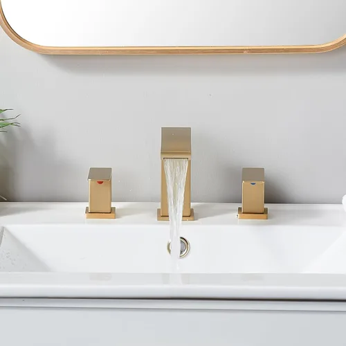 Miniatura 2 de Grifo de lavabo de baño de oro cepillado, grifo de baño de cascada de 3 agujeros, grifos de baño de tocador de 2 asas, grifo de baño moderno