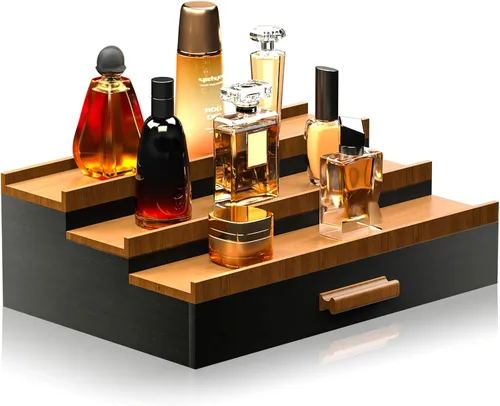 Miniatura 7 de Sephyroth Organizador de colonia para hombre, 3 niveles, estante elevado de exhibición de colonia con cajón, organización de perfumes y elevadores