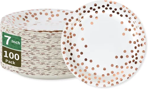 Miniatura 13 de Platos de papel para fiesta de puntos negros y oro rosa, 50 piezas desechables para fiestas, platos de papel de postre para cumpleaños, bodas