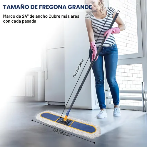 Miniatura 2 de Trapeador de polvo comercial de 24 pulgadas para limpieza de suelos, plumero resistente con 2 almohadillas de algodón reutilizables, mango largo