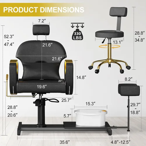Miniatura 3 de KIGOTY Silla de pedicura sin fontanería, estación de pedicura reclinable con altura ajustable y giro de 360 grados, silla de spa hidráulica