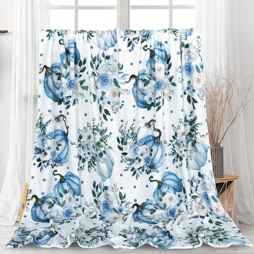 Miniatura 2 de JarThenaAMCS Manta mullida de otoño con flores azules, de calabaza, manta de franela suave y acogedora para otoño, Acción de Gracias, hogar, cama
