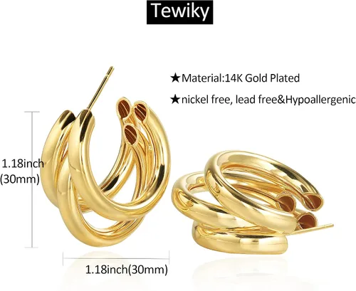 Miniatura 32 de Aretes de aro gruesos de oro para mujer, chapados en oro de 14 quilates, aretes de aro triple, hipoalergénicos, a la moda, aretes de aro gruesos