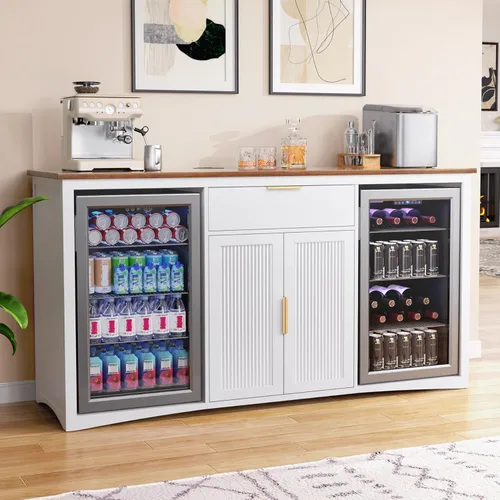 Miniatura 13 de GDLF Armario grande para barra de café con espacio para refrigerador, mini gabinete para refrigerador con almacenamiento de vino, mesa de aparador