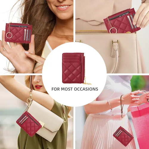Miniatura 4 de Soporte para tarjetas de crédito, cartera delgada con llavero con bolsillo frontal para monedas, bolsillo frontal pequeño para mujer, color rojo
