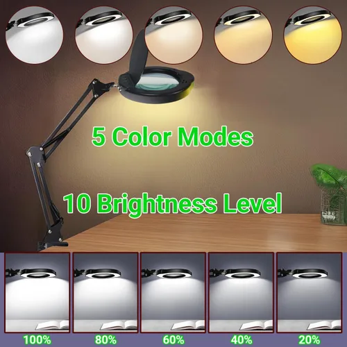 Miniatura 5 de Lupa 15X con luz y abrazadera, 5 modos de color, 10 niveles de brillo ajustable, lámpara de escritorio 2 en 1 con abrazadera, lupa manos libres