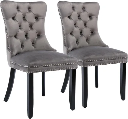Miniatura 43 de Juego de 2 sillas de comedor, sillas de comedor tapizadas con tirador de anillo trasero, ribete de cabeza de clavo y patas de acero inoxidable Gris