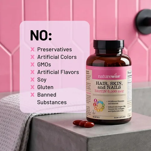 Miniatura 8 de NatureWise Vitamina para el cabello, piel y uñas, biotina 5000mcg con ácido hialurónico, colágeno para mujeres con complejo C, B, D3, A, E, hierro