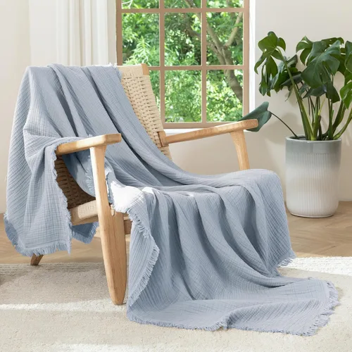 Miniatura 30 de MooMee - Manta de muselina 100% algodón, manta de 4 capas de gasa con borlas, ultra suave, transpirable, ligera y refrescante para cama y sofá Verde