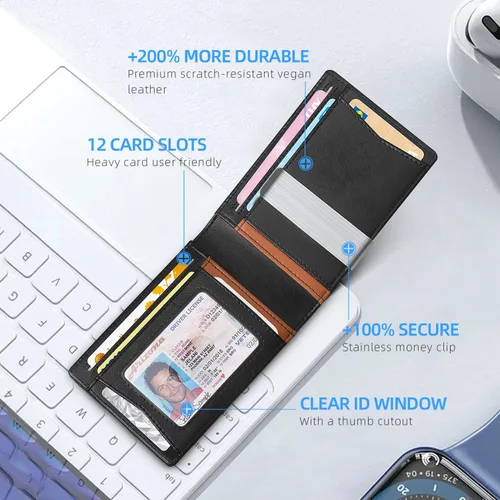 Miniatura 13 de Zitahli - Billeteras delgadas RFID para hombres, billetera de cuero flexible con clip de dinero, cartera minimalista con bolsillo frontal