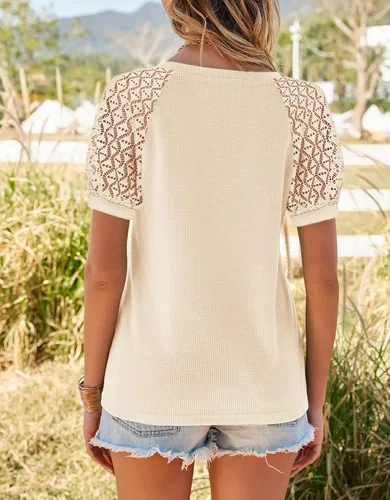Miniatura 3 de MEROKEETY - Blusa de manga corta con cuello en V y encaje de verano para mujer